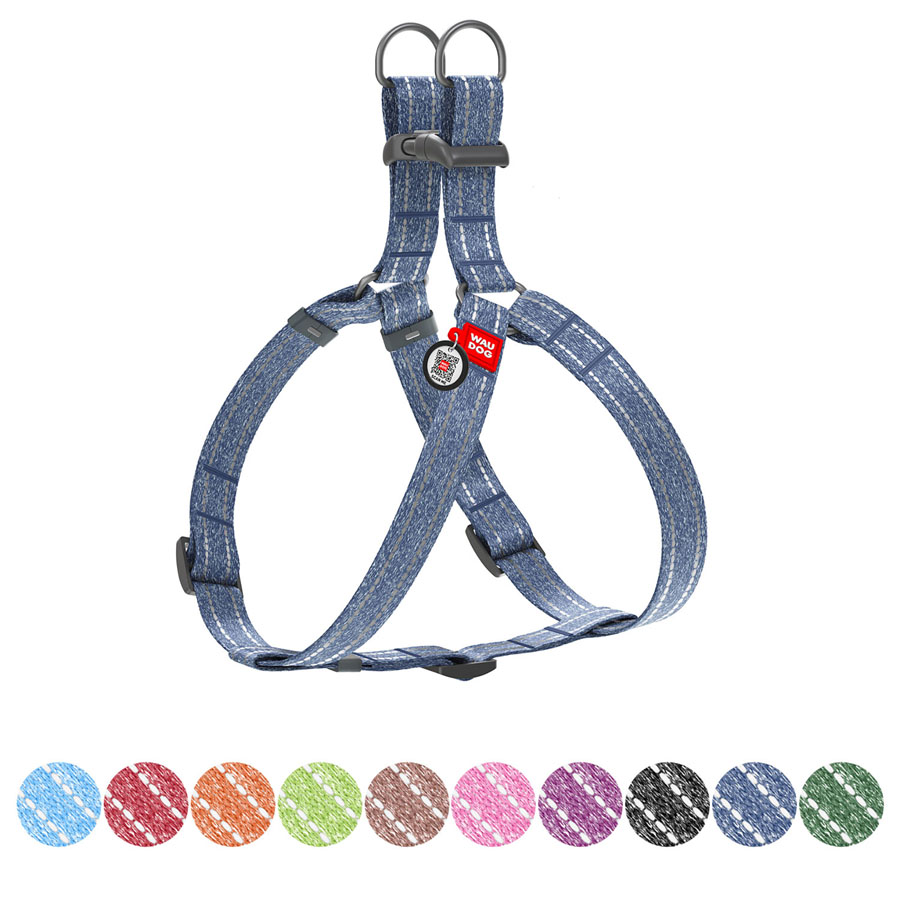 Шлея з відновленої бавовни WAUDOG Re-cotton з QR паспортом, світловідбиваюча, пластиковий фастекс, S, Ш 15 мм, Д 40-55 см синій