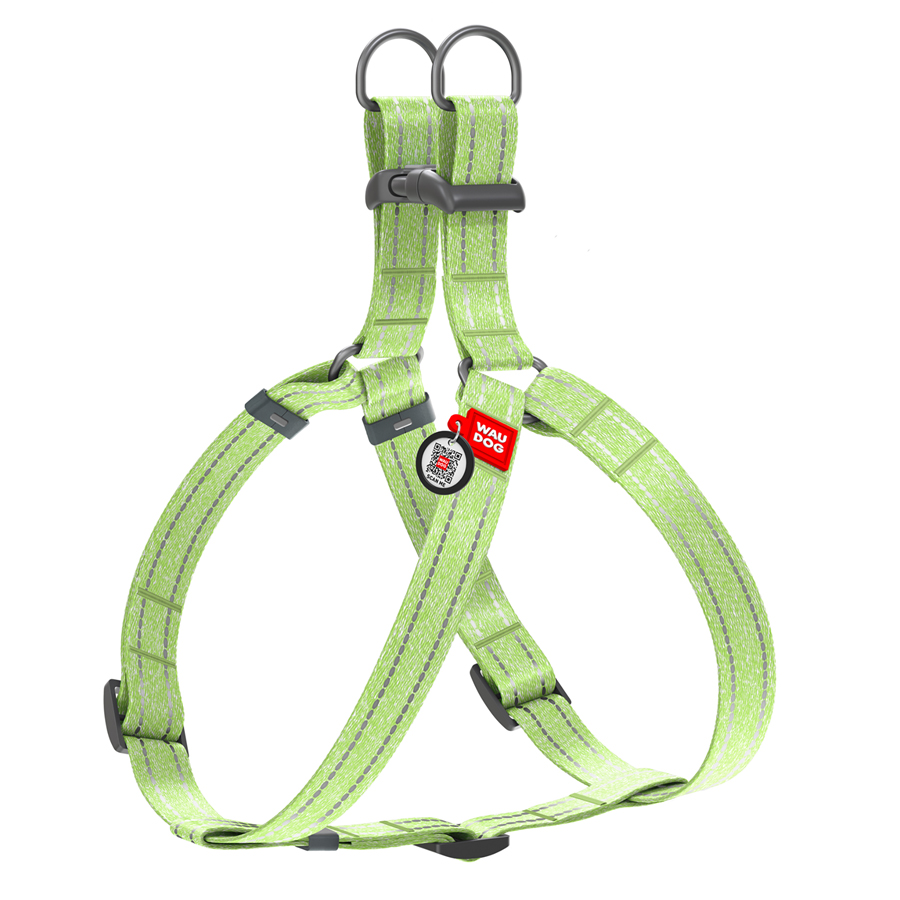 Шлея з відновленої бавовни WAUDOG Re-cotton з QR паспортом, світловідбиваюча, пластиковий фастекс, S, Ш 15 мм, Д 40-55 см салатовий