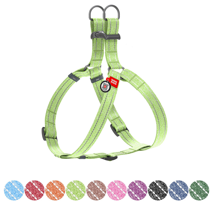 Шлея з відновленої бавовни WAUDOG Re-cotton з QR паспортом, світловідбиваюча, пластиковий фастекс, S, Ш 15 мм, Д 40-55 см салатовий