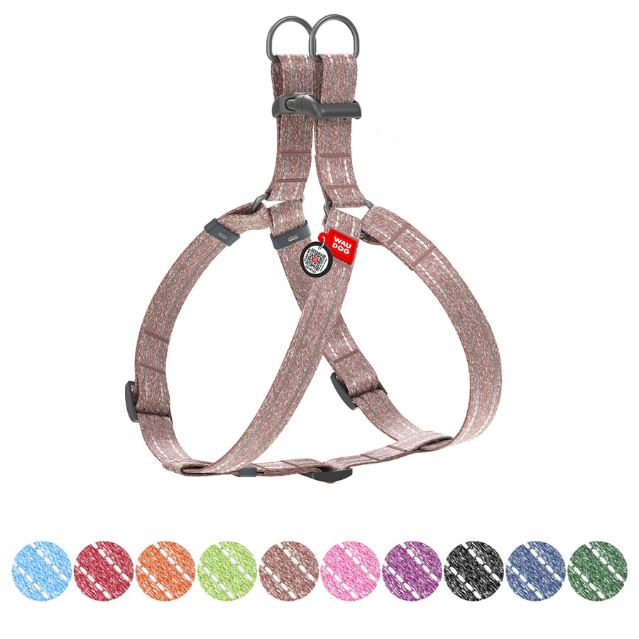 Шлея з відновленої бавовни WAUDOG Re-cotton з QR паспортом, світловідбиваюча, пластиковий фастекс, L, Ш 25 мм, Д 60-85 см коричневий