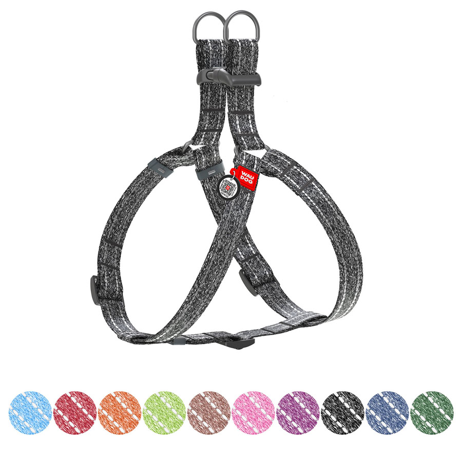 Шлея з відновленої бавовни WAUDOG Re-cotton з QR паспортом, світловідбиваюча, пластиковий фастекс, L, Ш 25 мм, Д 60-85 см сірий