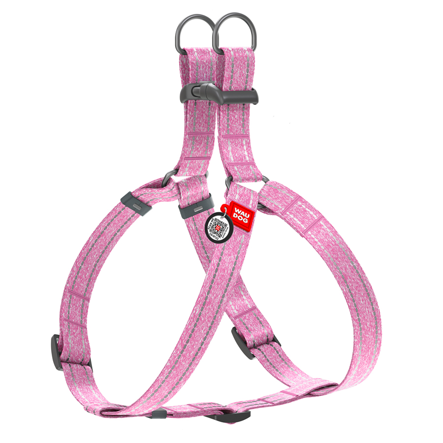 Шлея з відновленої бавовни WAUDOG Re-cotton з QR паспортом, світловідбиваюча, пластиковий фастекс, L, Ш 25 мм, Д 60-85 см рожевий