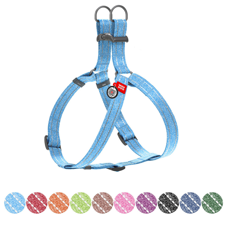 Шлея з відновленої бавовни WAUDOG Re-cotton з QR паспортом, світловідбиваюча, пластиковий фастекс, L, Ш 25 мм, Д 60-85 см блакитний