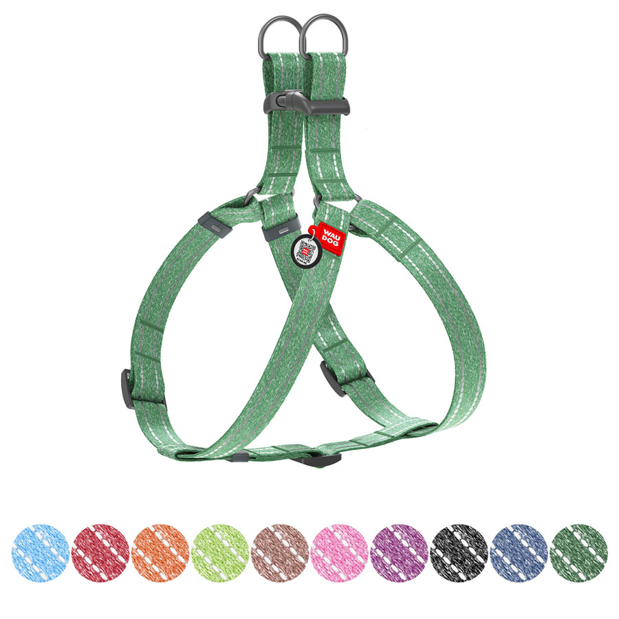 Шлея з відновленої бавовни WAUDOG Re-cotton з QR паспортом, світловідбиваюча, пластиковий фастекс, L, Ш 25 мм, Д 60-85 см зелений