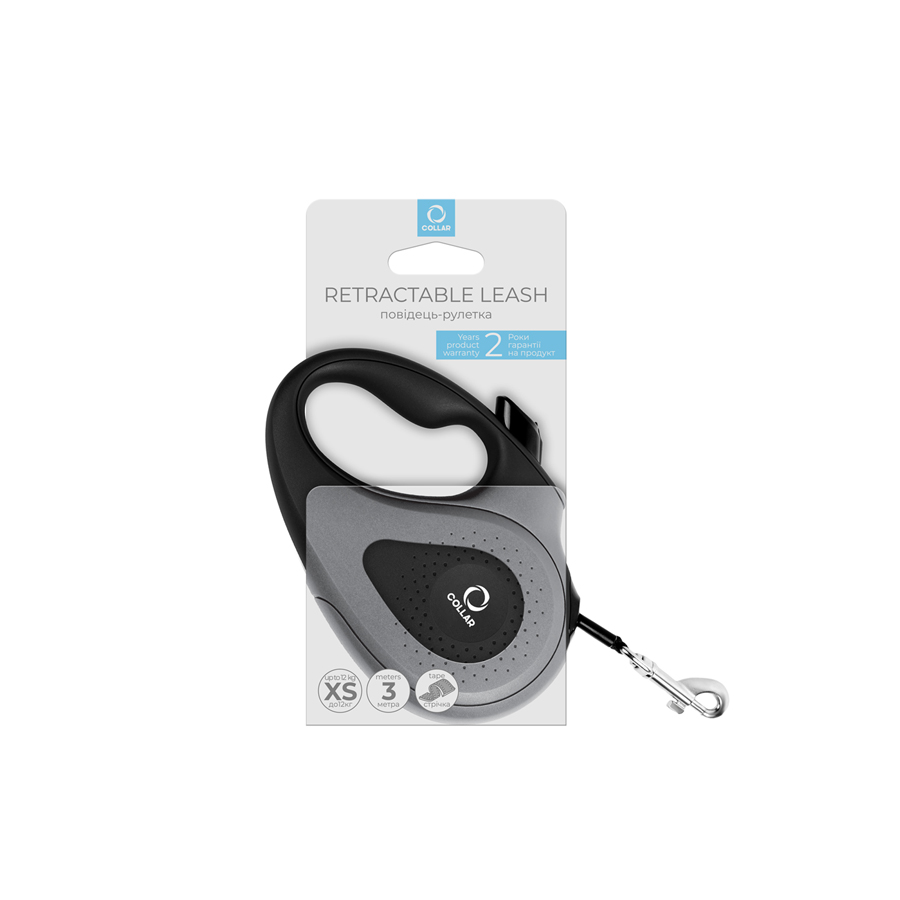 Повідець-рулетка CoLLaR для собак, розмір XS, 12 кг, 3 м, світловідбивна стрічка, чорний