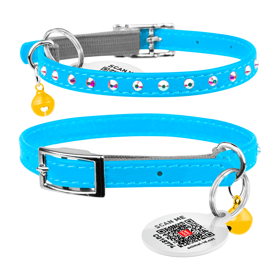 Нашийник WAUCAT Glamour з резинкою, клейовими стразами, для котів (ширина 9мм, довжина 22-30см) блакитний