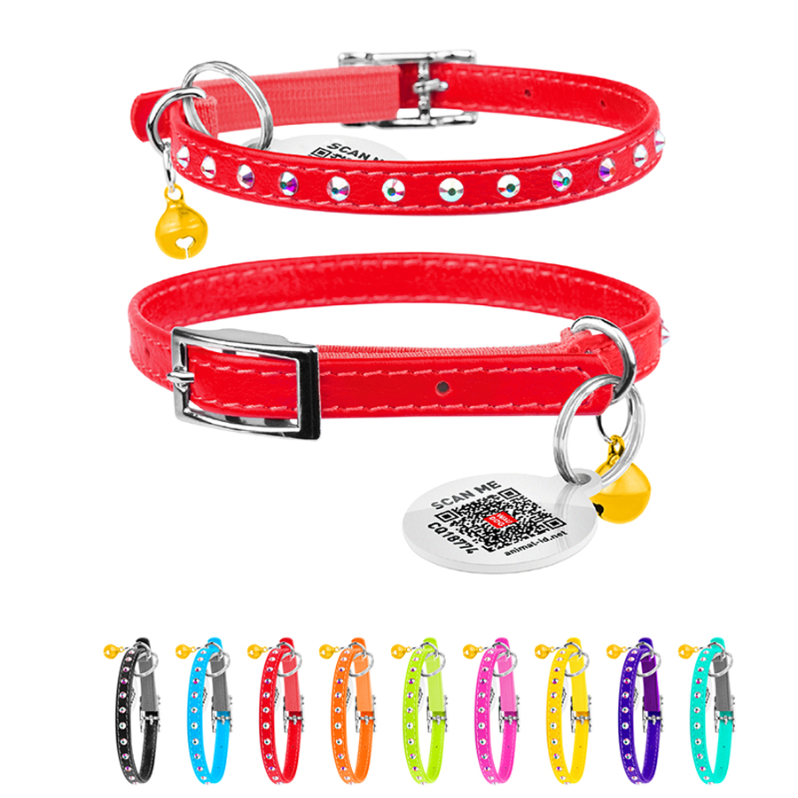 Нашийник WAUCAT Glamour з резинкою, клейовими стразами, для котів (ширина 9мм, довжина 22-30см) червоний