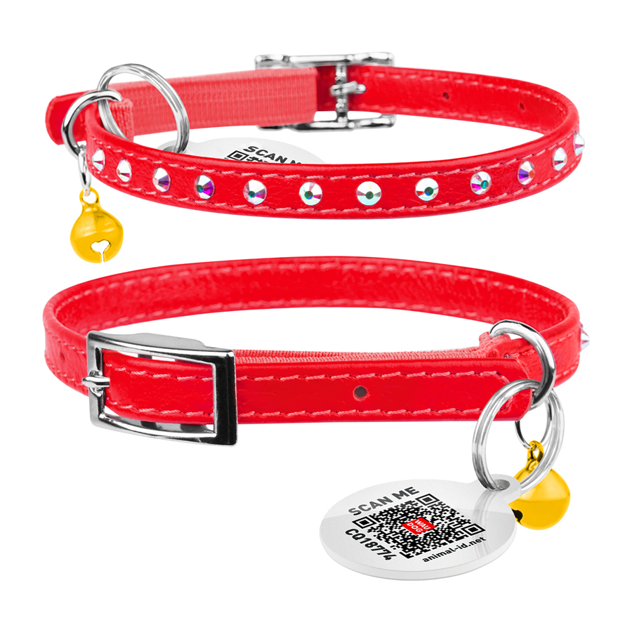 Нашийник WAUCAT Glamour з резинкою, клейовими стразами, для котів (ширина 9мм, довжина 22-30см) червоний