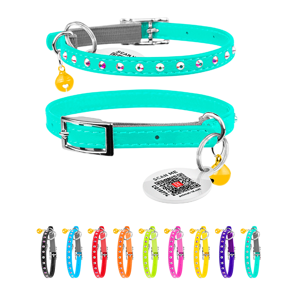 Нашийник WAUCAT Glamour з резинкою, клейовими стразами, для котів (ширина 9мм, довжина 22-30см) ментоловий