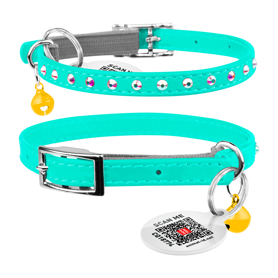 Нашийник WAUCAT Glamour з резинкою, клейовими стразами, для котів (ширина 9мм, довжина 22-30см) ментоловий