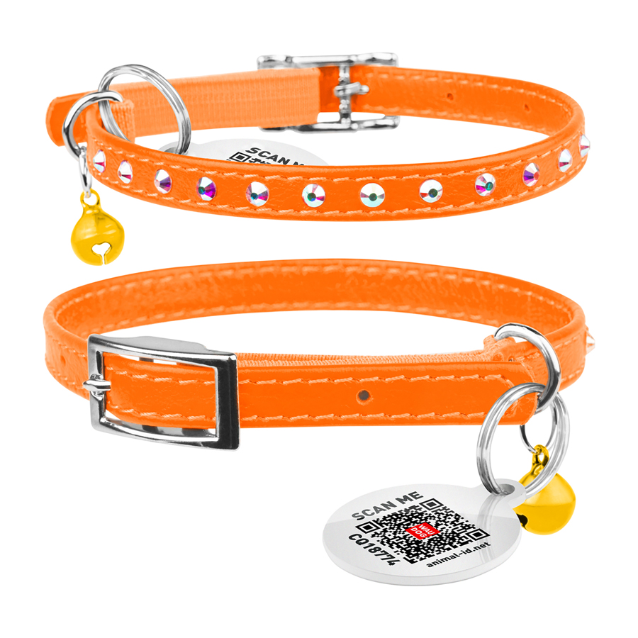 Нашийник WAUCAT Glamour з резинкою, клейовими стразами, для котів (ширина 9мм, довжина 22-30см) помаранчевий