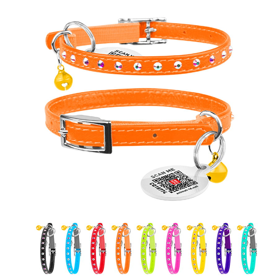 Нашийник WAUCAT Glamour з резинкою, клейовими стразами, для котів (ширина 9мм, довжина 22-30см) помаранчевий