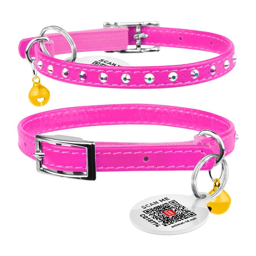 Нашийник WAUCAT Glamour з резинкою, клейовими стразами, для котів (ширина 9мм, довжина 22-30см) рожевий