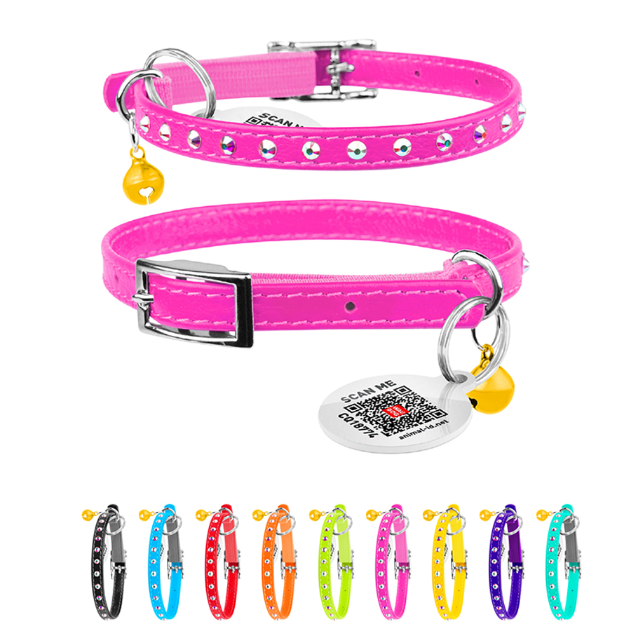 Нашийник WAUCAT Glamour з резинкою, клейовими стразами, для котів (ширина 9мм, довжина 22-30см) рожевий