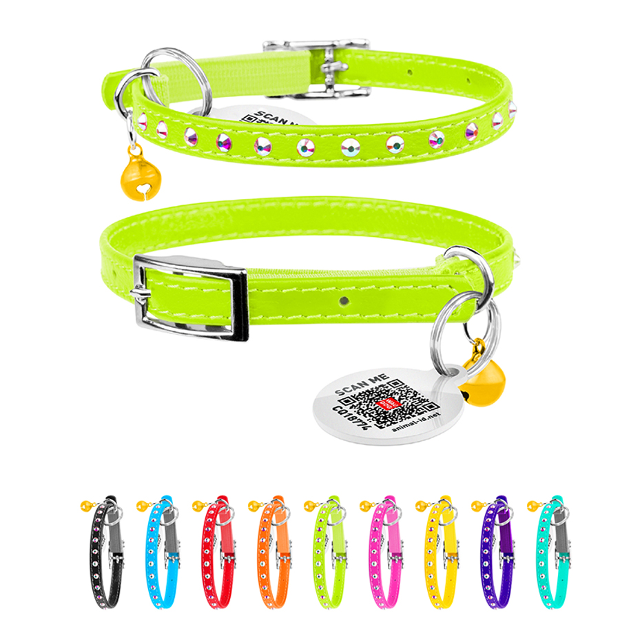 Нашийник WAUCAT Glamour з резинкою, клейовими стразами, для котів (ширина 9мм, довжина 22-30см) салатовий