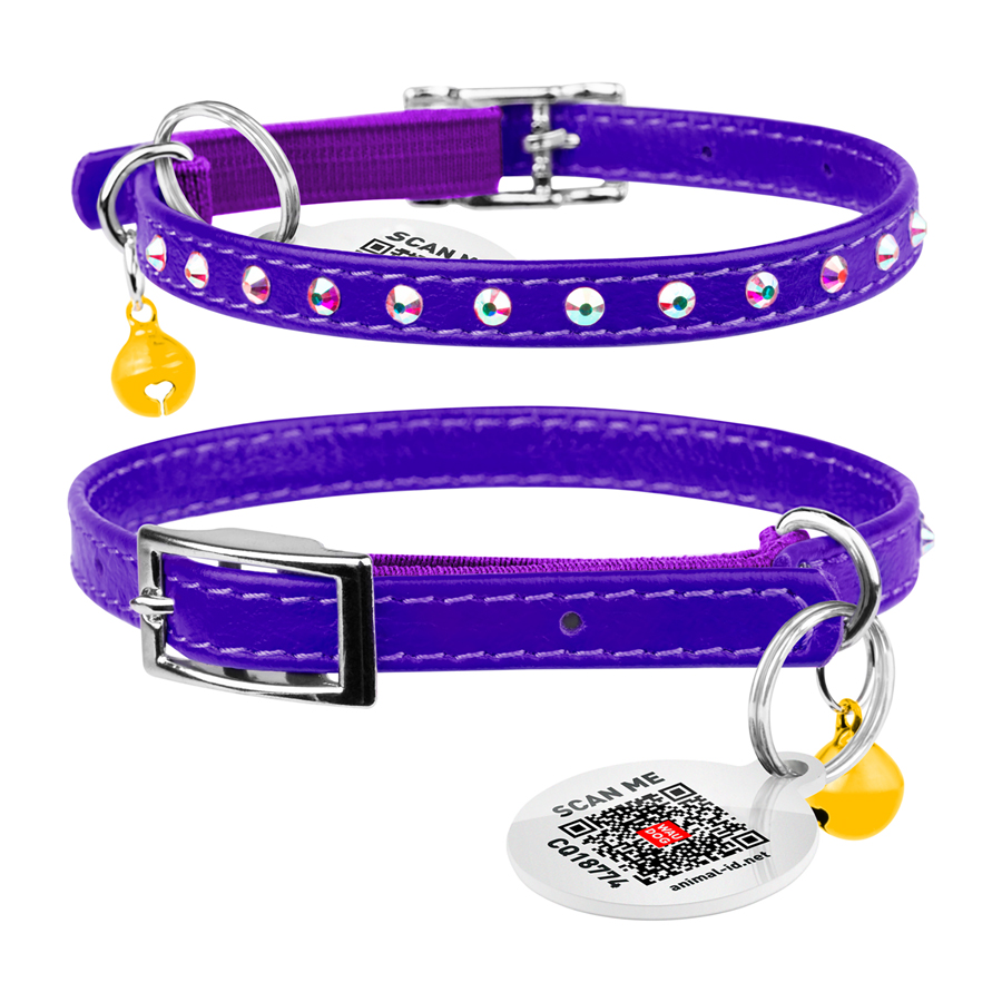 Нашийник WAUCAT Glamour з резинкою, клейовими стразами, для котів (ширина 9мм, довжина 22-30см) фіолетовий