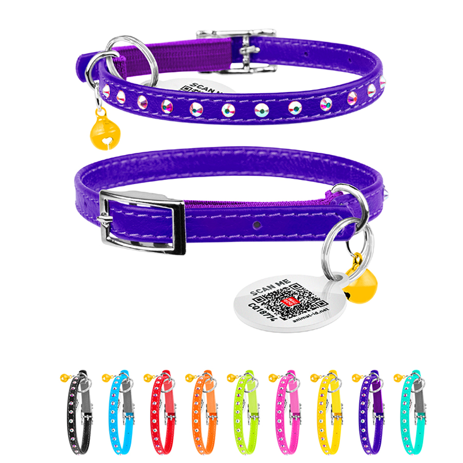 Нашийник WAUCAT Glamour з резинкою, клейовими стразами, для котів (ширина 9мм, довжина 22-30см) фіолетовий