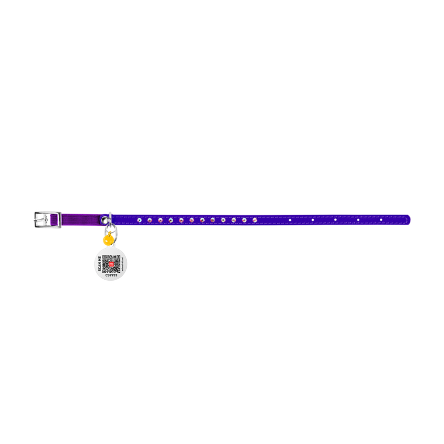 Нашийник WAUCAT Glamour з резинкою, клейовими стразами, для котів (ширина 9мм, довжина 22-30см) фіолетовий