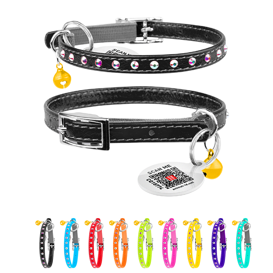 Нашийник WAUCAT Glamour з резинкою, клейовими стразами, для котів (ширина 9мм, довжина 22-30см) чорний