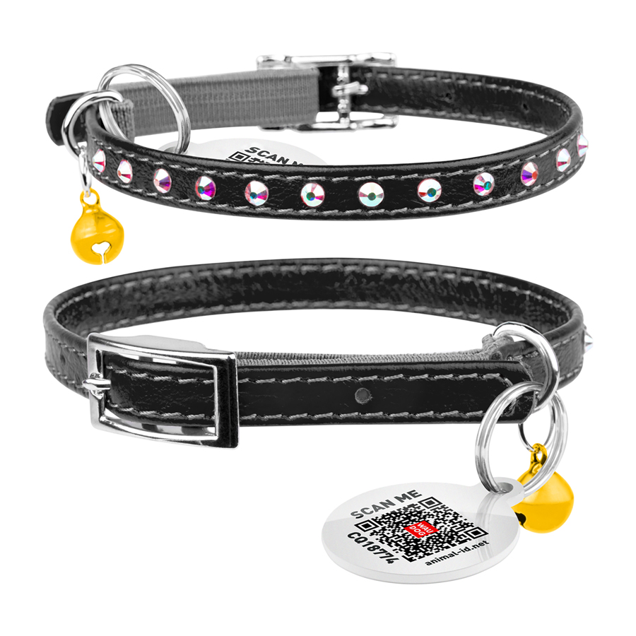 Нашийник WAUCAT Glamour з резинкою, клейовими стразами, для котів (ширина 9мм, довжина 22-30см) чорний