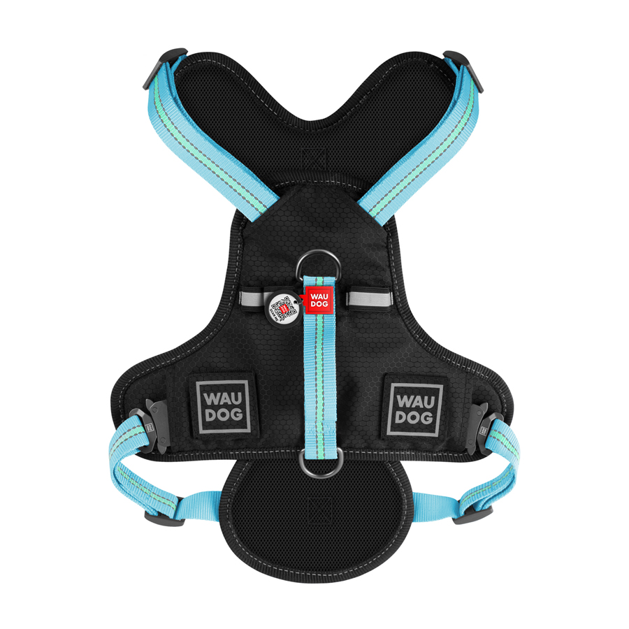 Шлея для собак безпечна WAUDOG Nylon з QR паспортом, металічна пряжка-фастекс, XL, Ш 25 мм, А 60-95 см, В 80-100 см блакитний