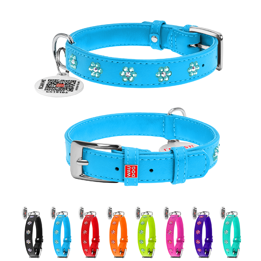 Нашийник для собак шкіряний WAUDOG Glamour з QR паспортом, з клейовими стразами 