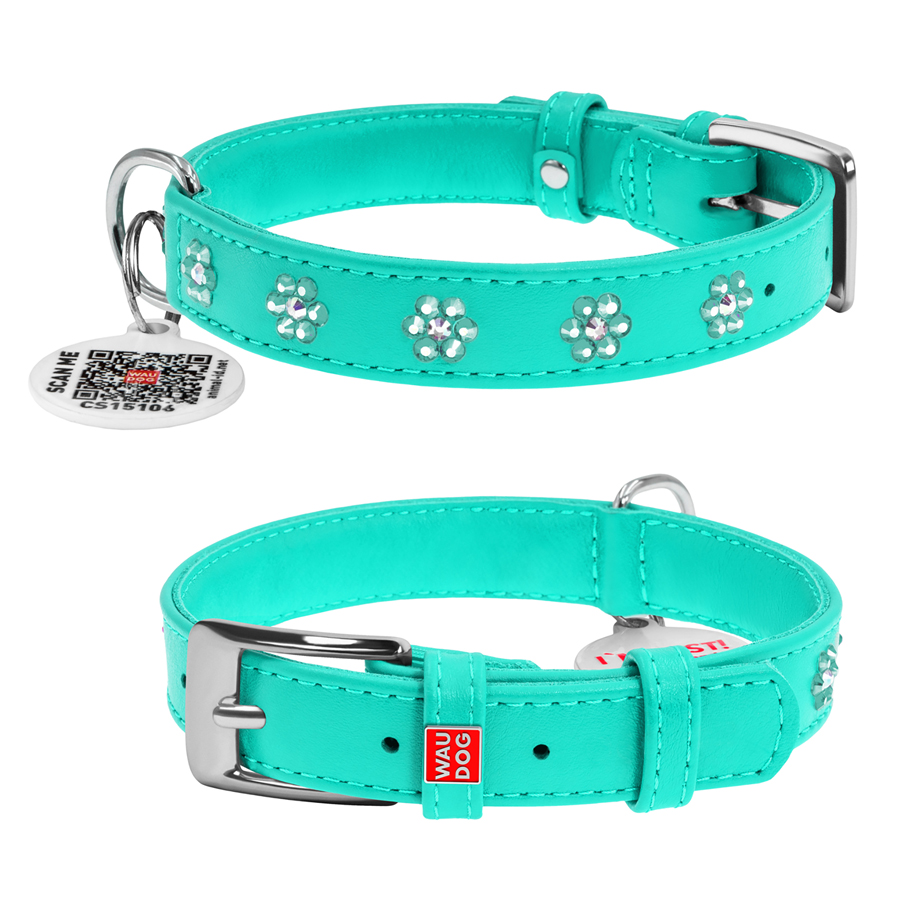 Нашийник для собак шкіряний WAUDOG Glamour з QR паспортом, з клейовими стразами 