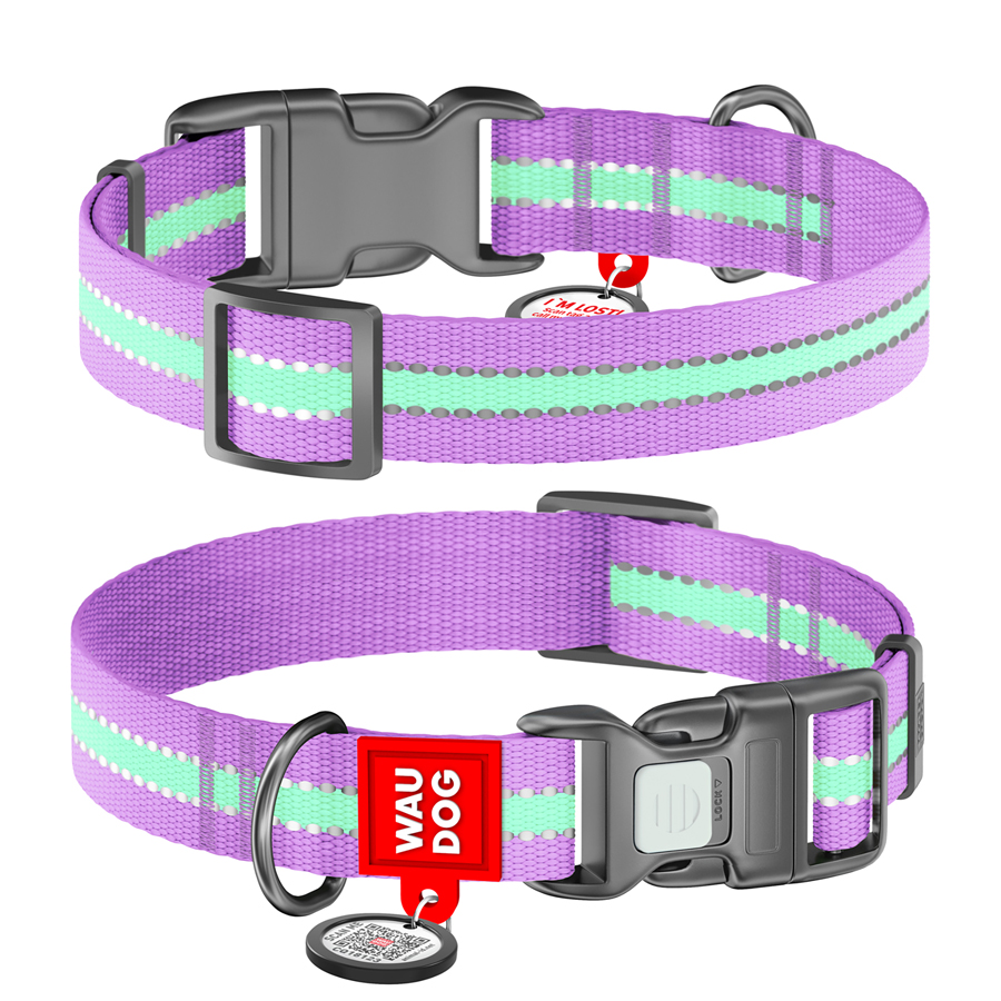 Нашийник для собак нейлоновий WAUDOG Nylon з QR паспортом, світлонакопичувальний/світловідбивний, пластиковий фастекс, Ш 20 мм, Дов 28-40 см фіолетовий