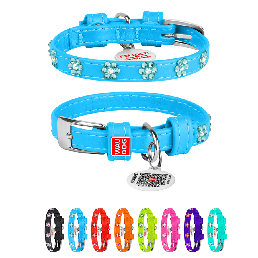 Нашийник для собак шкіряний WAUDOG Glamour з QR паспортом, з клейовими стразами 
