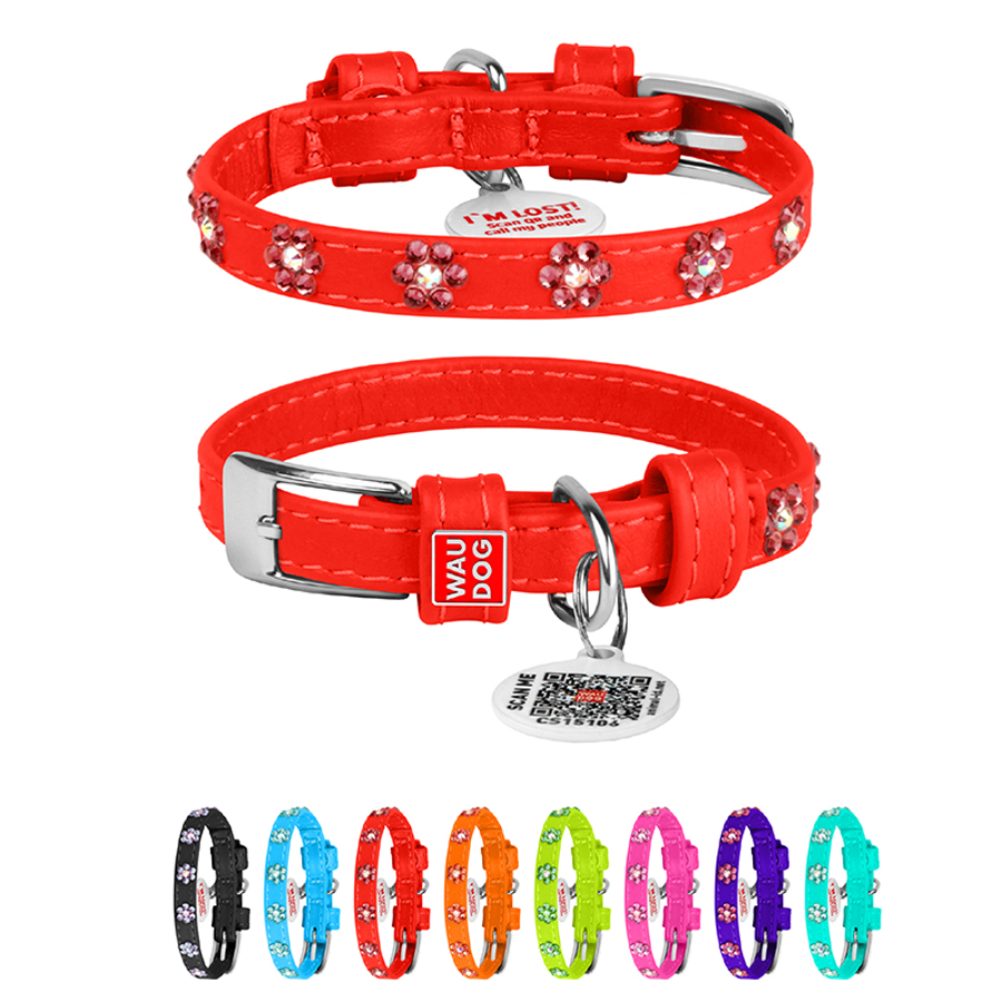 Нашийник для собак шкіряний WAUDOG Glamour з QR паспортом, з клейовими стразами 