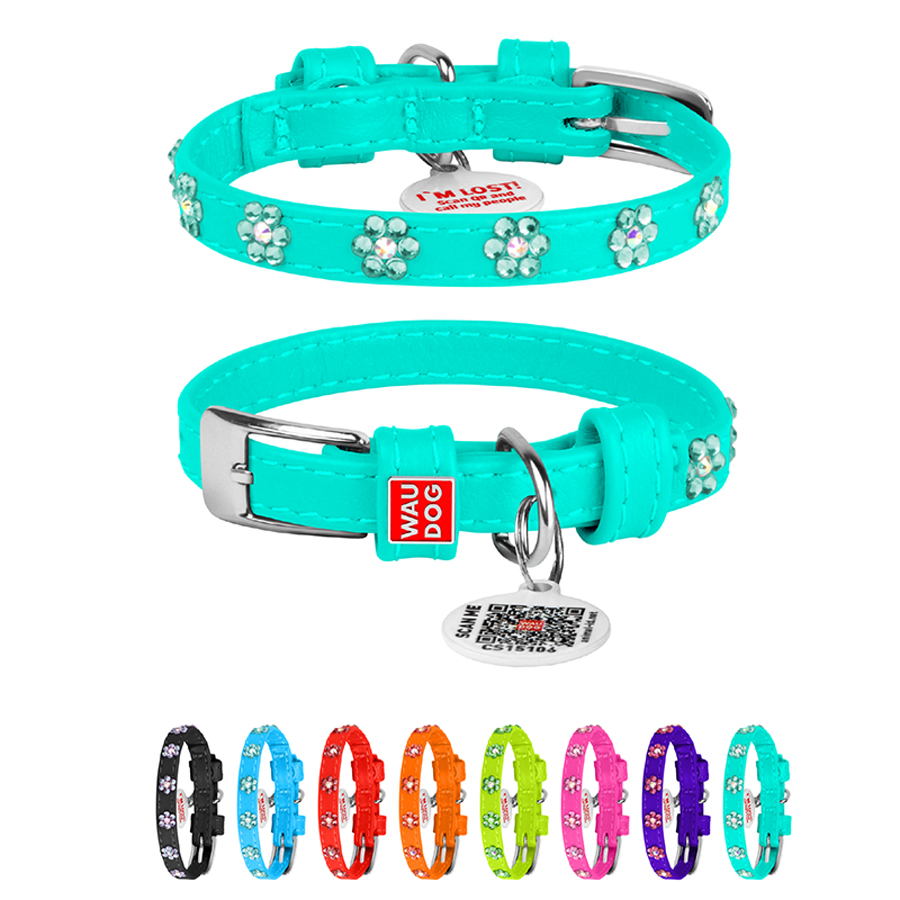 Нашийник для собак шкіряний WAUDOG Glamour з QR паспортом, з клейовими стразами 