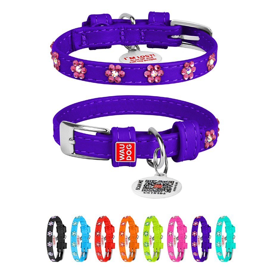 Нашийник для собак шкіряний WAUDOG Glamour з QR паспортом, з клейовими стразами 