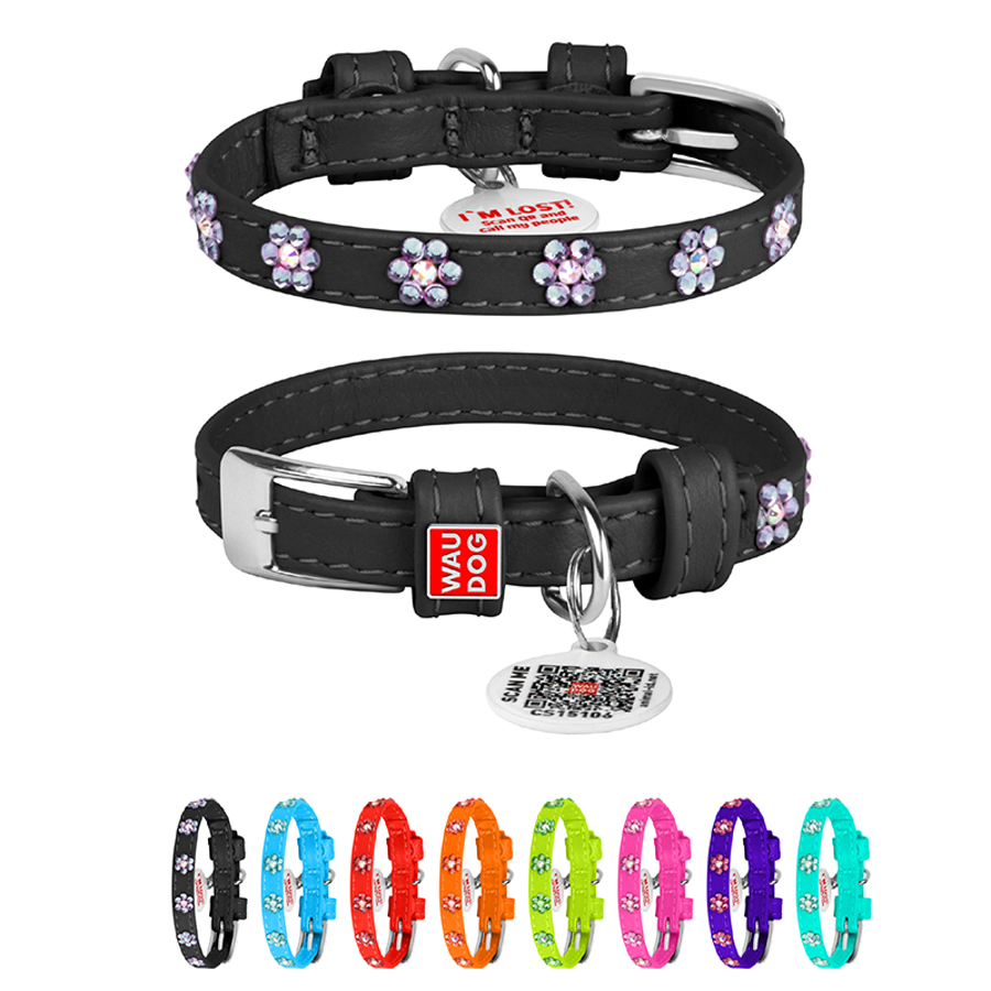 Нашийник для собак шкіряний WAUDOG Glamour з QR паспортом, з клейовими стразами 