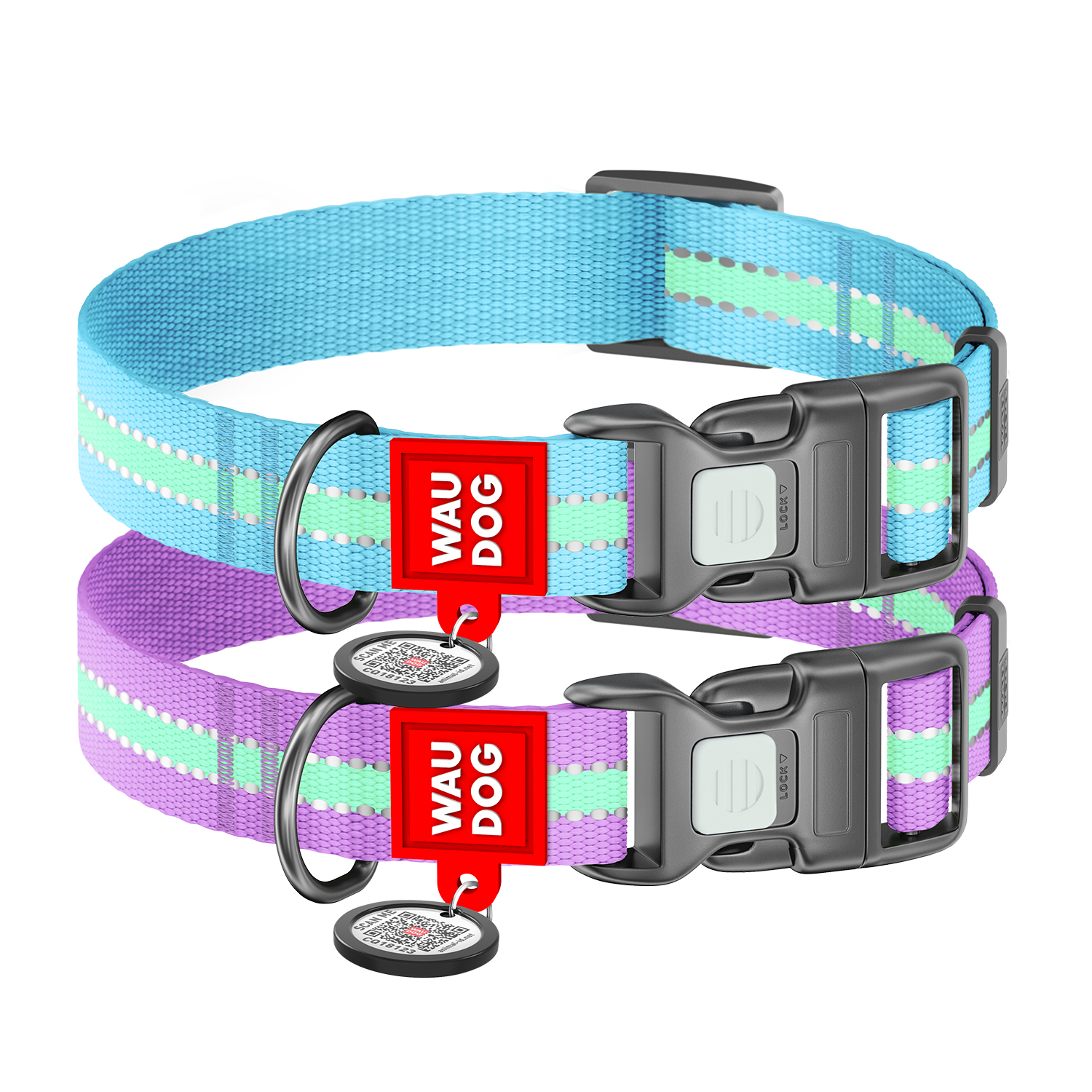 Нашийник для собак нейлоновий WAUDOG Nylon з QR паспортом, світлонакопичувальний/світловідбивний, пластиковий фастекс, Ш 25 мм, Дов 33-49 см блакитний