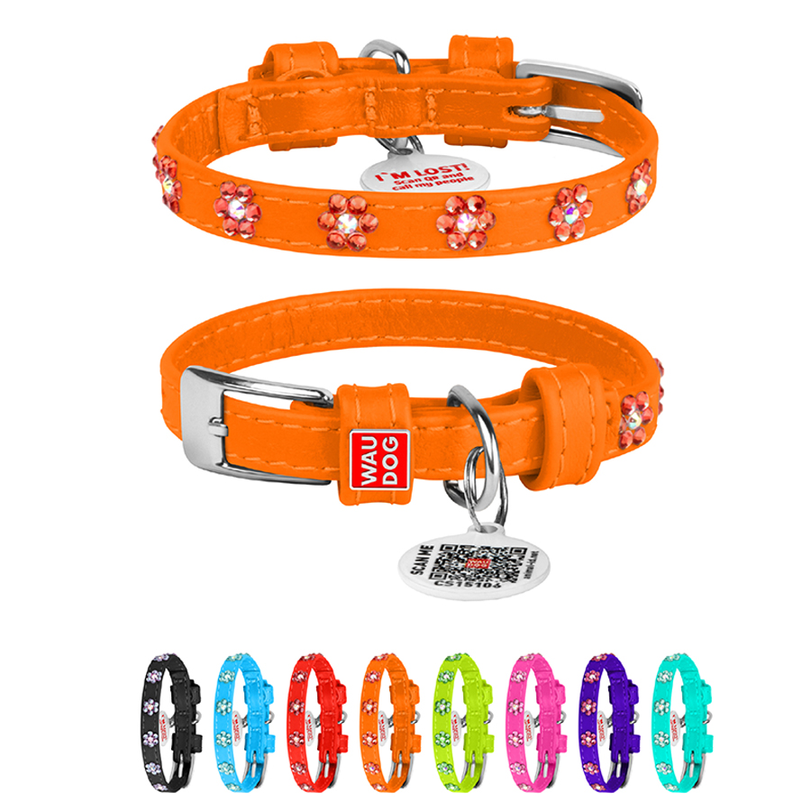 Нашийник для собак шкіряний WAUDOG Glamour з QR паспортом, з клейовими стразами 