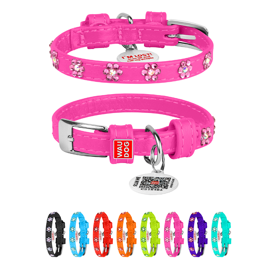 Нашийник для собак шкіряний WAUDOG Glamour з QR паспортом, з клейовими стразами 