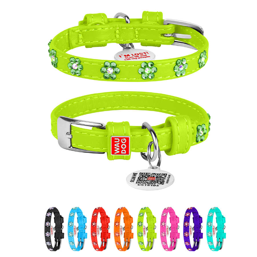 Нашийник для собак шкіряний WAUDOG Glamour з QR паспортом, з клейовими стразами 