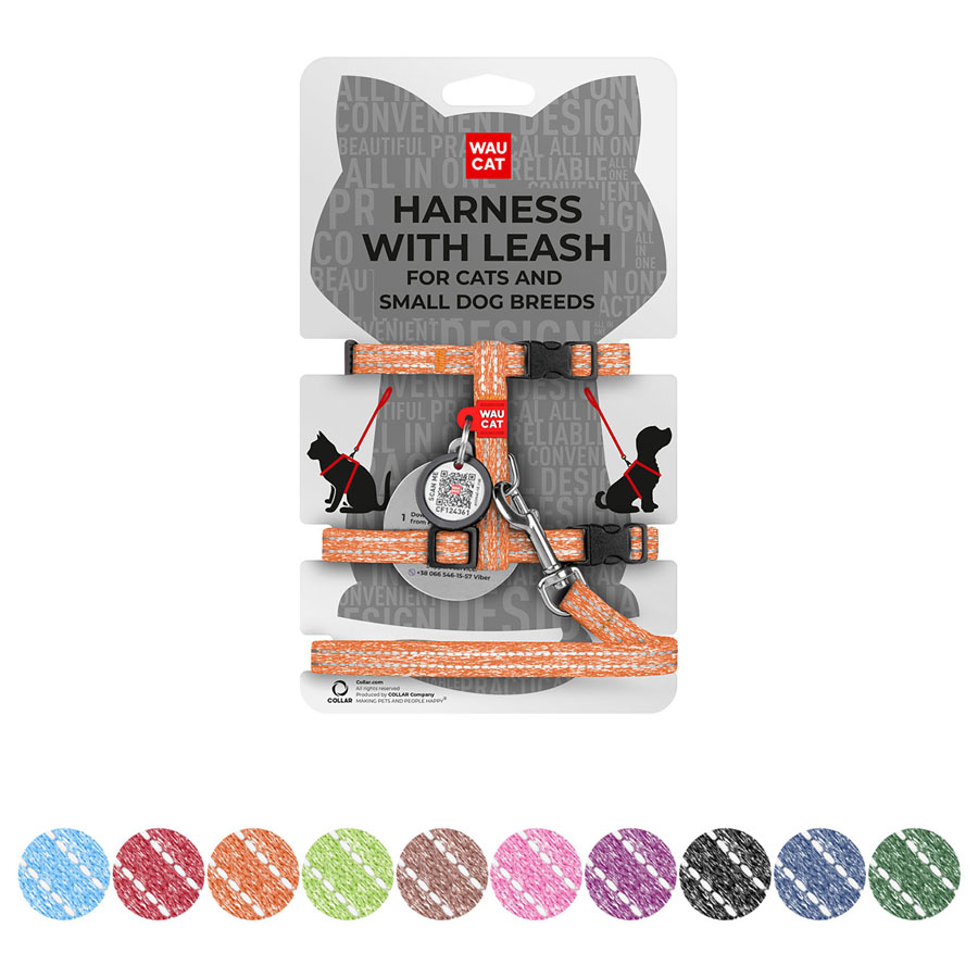 Шлея з повідцем для котів WAUCAT Re-cotton з QR паспортом, з відновленої бавовни, світловідбиваюча, пластиковий фастекс, XS, Ш 10 мм, Д 122 см, В 25-40 см, С 20-30 см, помаранчевий