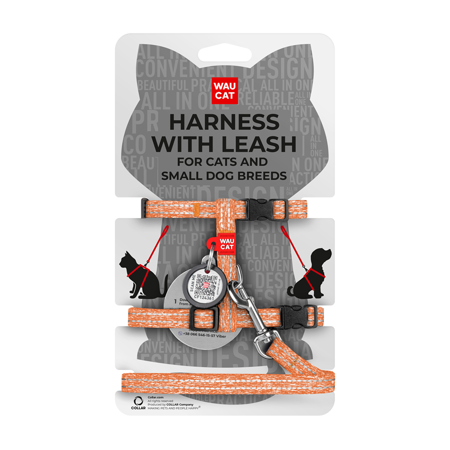 Шлея з повідцем для котів WAUCAT Re-cotton з QR паспортом, з відновленої бавовни, світловідбиваюча, пластиковий фастекс, XS, Ш 10 мм, Д 122 см, В 25-40 см, С 20-30 см, помаранчевий