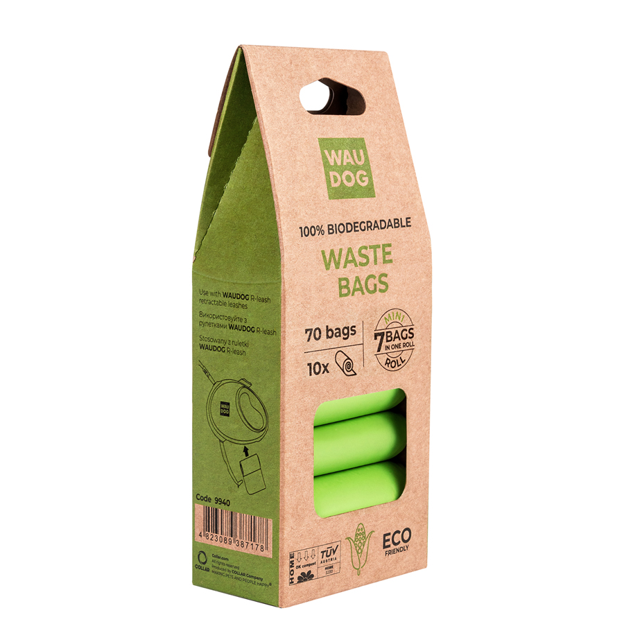 Біорозкладні пакети WAUDOG для прибирання за тваринами, МІНІ, 20х25 см, уп. 10 рул (70 шт)