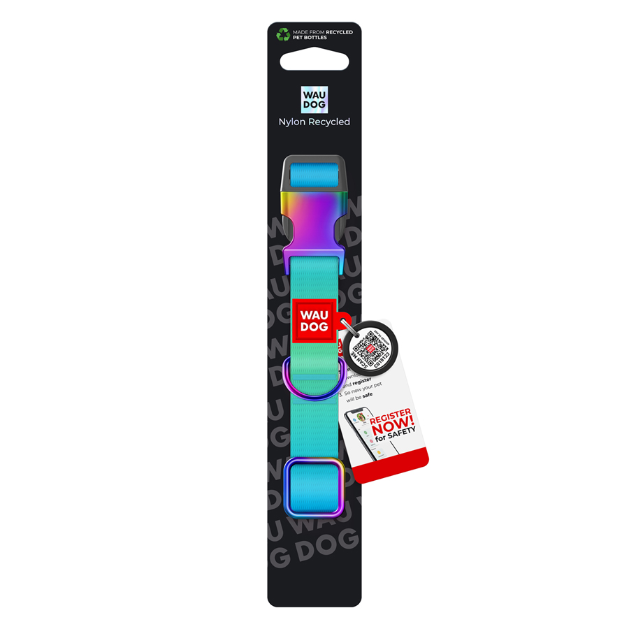 Нашийник для собак з нейлону WAUDOG Nylon Recycled c QR паспортом, градієнт, M, Ш 20 мм, Дов 28-40 см блакитний