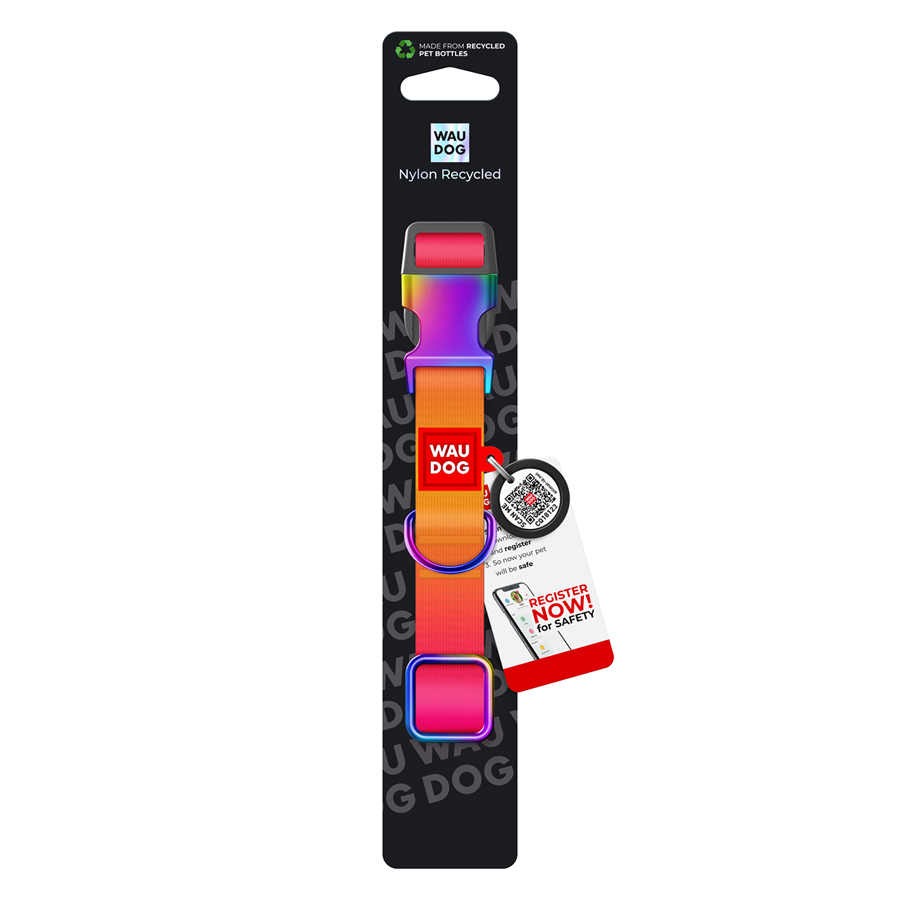 Нашийник для собак з нейлону WAUDOG Nylon Recycled c QR паспортом, градієнт, M, Ш 20 мм, Дов 28-40 см помаранчевий