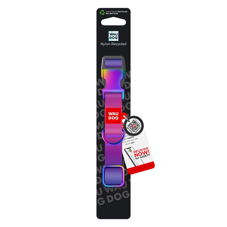 Нашийник для собак з нейлону WAUDOG Nylon Recycled c QR паспортом, градієнт, S, Ш 15 мм, Дов 25-35 cм фіолетовий