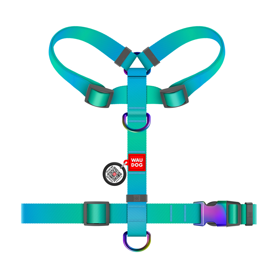 Шлея для собак анатомічна H-подібна WAUDOG Nylon Recycled з QR-паспортом, градієнт, M, Ш 20 мм, А 40-70, В 50-80 блакитний