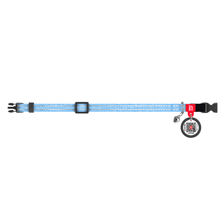 Нашийник для котів з відновленої бавовни WAUCAT Re-cotton з QR паспортом, світловідбиваючий, пластиковий фастекс, XS, Ш 10 мм, Дов 20-30 см, блакитний