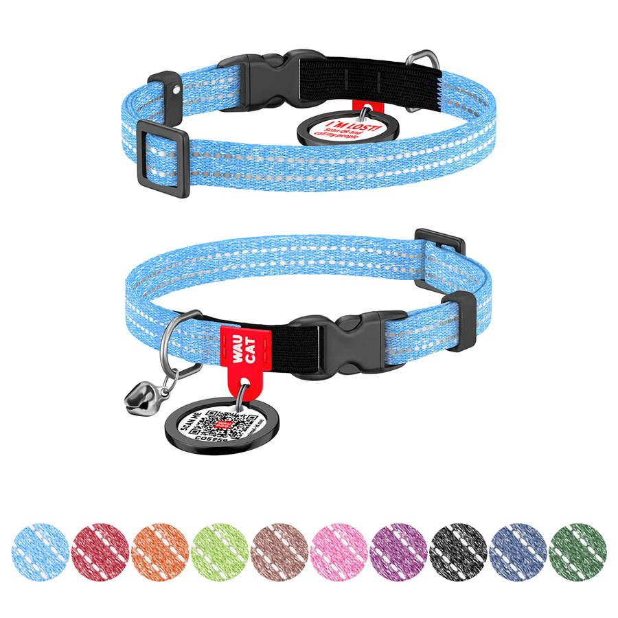 Нашийник для котів з відновленої бавовни WAUDOG Re-cotton з QR паспортом, світловідбиваючий, пластиковий фастекс, XS, Ш 10 мм, Дов 20-30 см, блакитний
