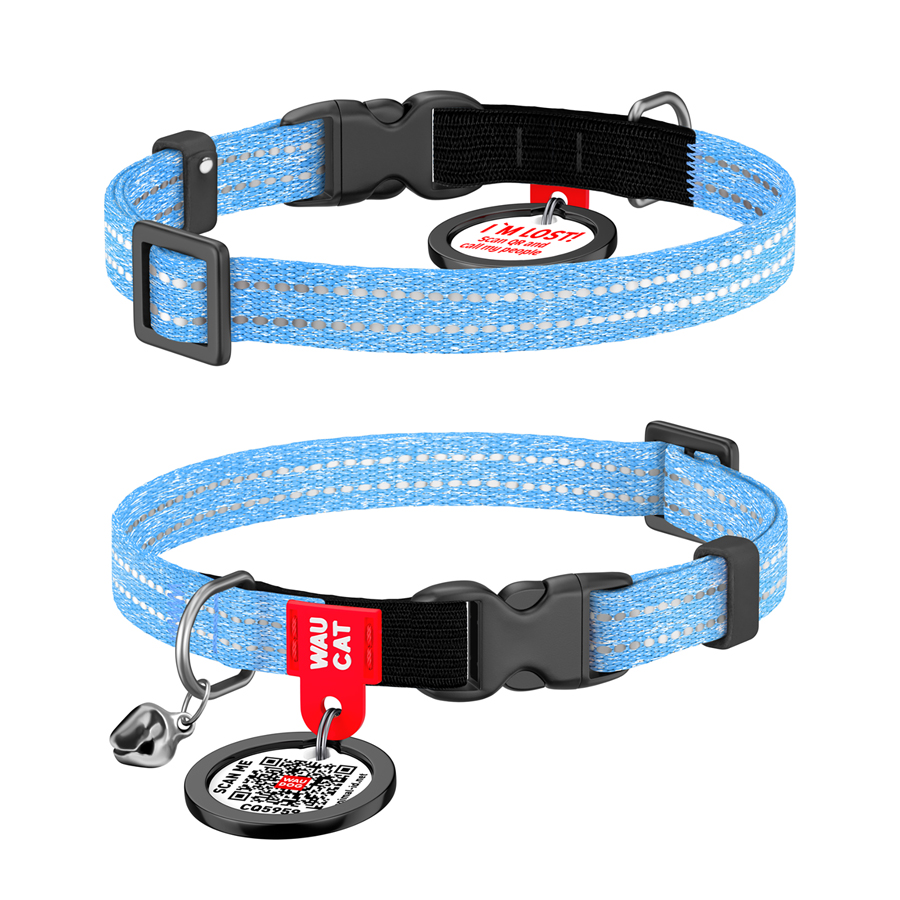 Нашийник для котів з відновленої бавовни WAUDOG Re-cotton з QR паспортом, світловідбиваючий, пластиковий фастекс, XS, Ш 10 мм, Дов 20-30 см, блакитний