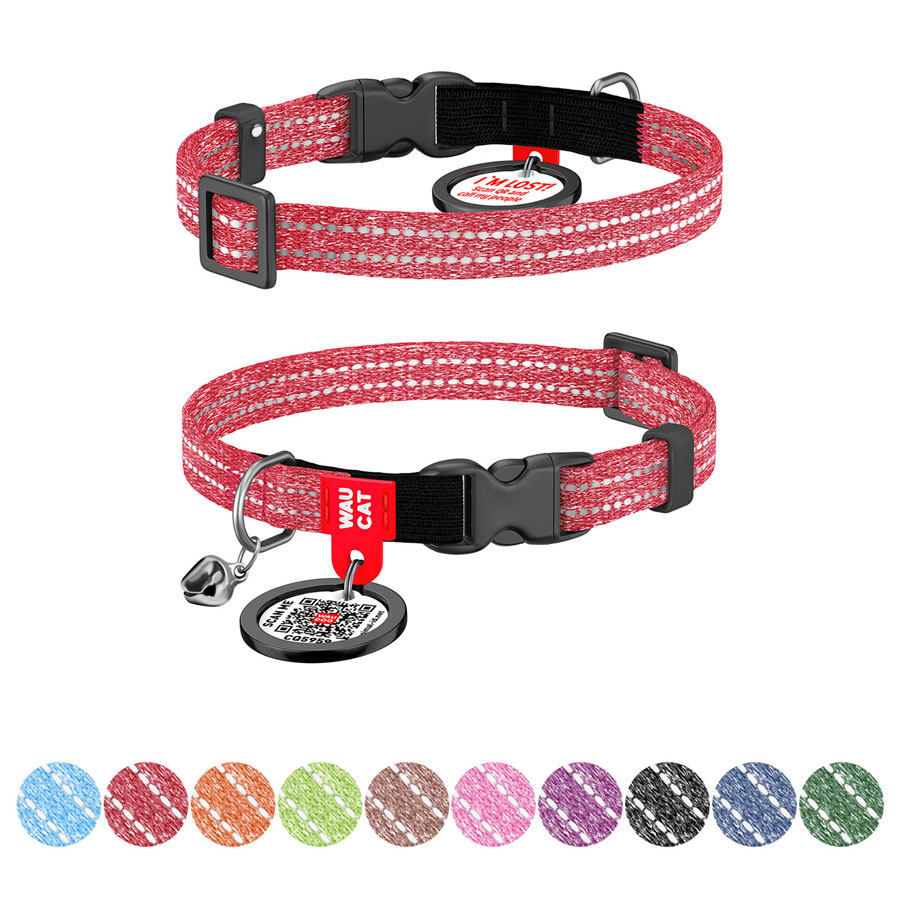 Нашийник для котів з відновленої бавовни WAUCAT Re-cotton з QR паспортом, світловідбиваючий, пластиковий фастекс, XS, Ш 10 мм, Дов 20-30 см, червоний