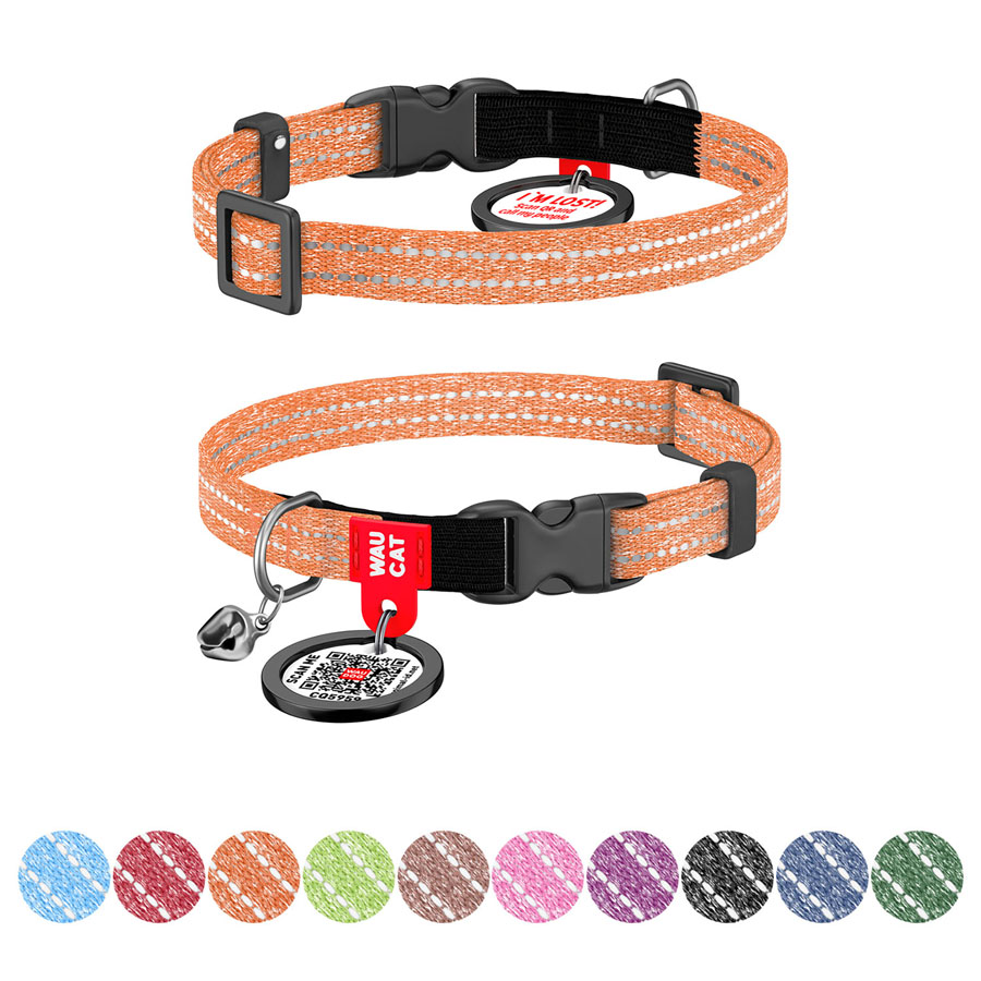 Нашийник для котів з відновленої бавовни WAUCAT Re-cotton з QR паспортом, світловідбиваючий, пластиковий фастекс, XS, Ш 10 мм, Дов 20-30 см, помаранчевий