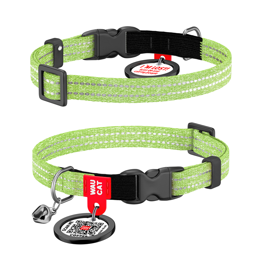 Нашийник для котів з відновленої бавовни WAUCAT Re-cotton з QR паспортом, світловідбиваючий, пластиковий фастекс, XS, Ш 10 мм, Дов 20-30 см, салатовий